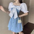 Puff-sleeve Bow Accent Denim A-line Dress