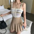 Striped Knit Sleeveless Top / High Waist Pleated Skirt