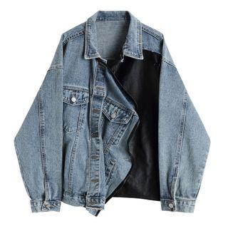 Denim Panel Leather Jacket Blue - One Size