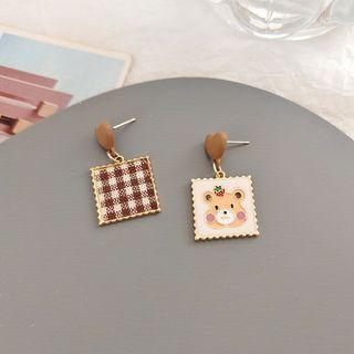 Bear Plaid Square Asymmetrical Alloy Dangle Earring