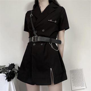 Set: Short-sleeve Double-breasted Mini Blazer Dress + Harness Belt Set Of 2 - Dress & Belt - Black - One Size