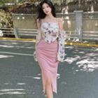 Off-shoulder Asymmetric Floral Top / High-waist Plain Asymmetric Skirt