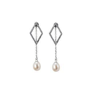 Sterling Silver Simple Fashion Geometric Diamond Freshwater Pearl Tassel Earrings With Cubic Zirconia Silver - One Size