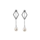 Sterling Silver Simple Fashion Geometric Diamond Freshwater Pearl Tassel Earrings With Cubic Zirconia Silver - One Size