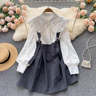 Set Of 2 : Lapel Puff-sleeve Shirt + Back Strap A-line Skirt
