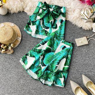 Set: Leaf Print Bandeau Top + High-waist Shorts