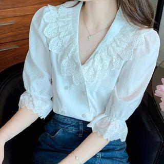 Bell-sleeve V-neck Eyelet Trim Blouse