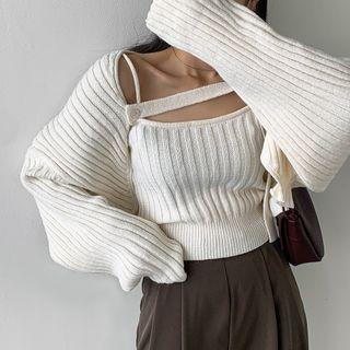 Knit Set: Strap-detail Cardigan + Sleeveless Top
