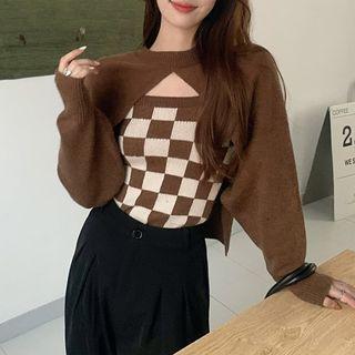 Set: Checkerboard Knit Camisole + Cropped Sweater