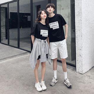 Couple Matching Short-sleeve Applique T-shirt / Short-sleeve T-shirt Dress / Shorts