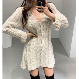 Long Sleeve V Neck Plain Cable-knit Dress