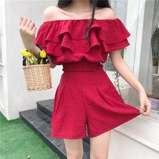 Set: Off-shoulder Ruffle Top + High Waist Shorts