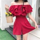 Set: Off-shoulder Ruffle Top + High Waist Shorts
