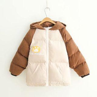 Color Block Panda Print Hooded Padded Jacket