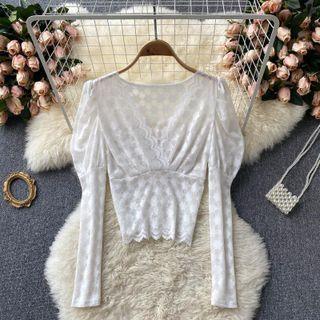 V-neck Lace Cutout Puff-sleeve Top