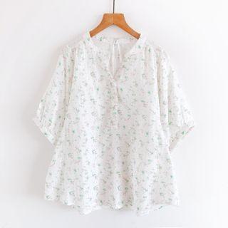 Elbow-sleeve Floral Print Blouse White - One Size
