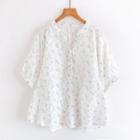 Elbow-sleeve Floral Print Blouse White - One Size