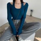 Mock Two-piece Scoop-neck Long-sleeve T-shirt