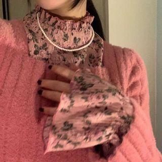 Long-sleeve Mock-neck Floral Print Top Pink - One Size