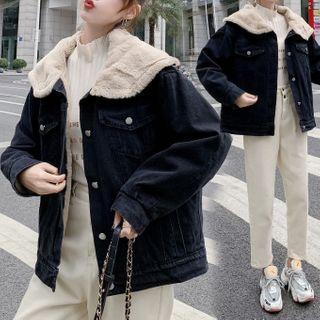 Fluffy-lined Denim Jacket Black - One Size