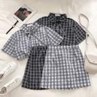 Set:color-block Plaid Short-sleeve Blouse + High-waist Skirt