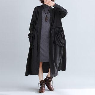 Long-sleeve Tie-waist Long Coat Black - One Size