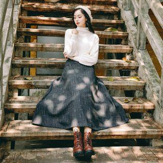 Set: Long-sleeve Plain Sweater + Plaid A-line Skirt