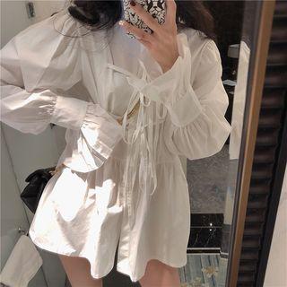 Drawstring Balloon-sleeve Peplum Shirt White - One Size