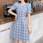 Set: Short-sleeve T-shirt + Spaghetti Strap Plaid Mini A-line Dress