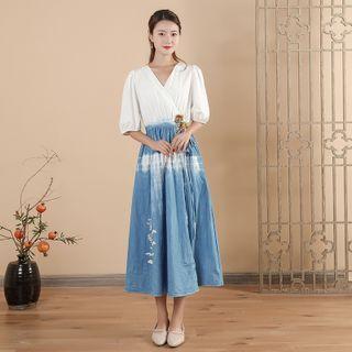 Elbow-sleeve Indigo Dyed A-line Dress