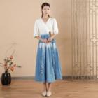 Elbow-sleeve Indigo Dyed A-line Dress