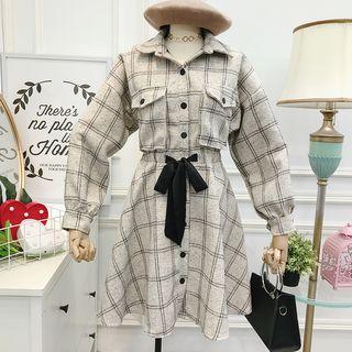 Tie-waist Plaid Wool Shirtdress