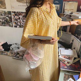 Plaid Balloon-sleeve Maxi A-line Dress Yellow - One Size