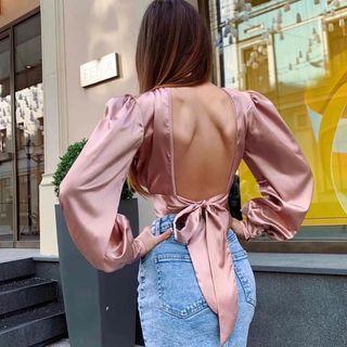 Long-sleeve Open-back Tie-waist Crop Top