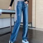 Distressed High-waist Straight-leg Jeans / Belt
