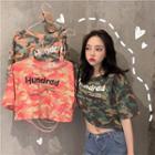 Elbow-sleeve Lettering Camo Cropped T-shirt