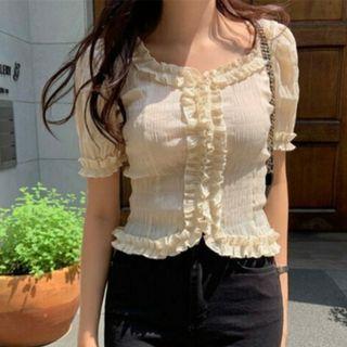 Frilled Smocked Crop Blouse Almond - One Size