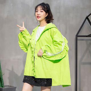Puff-sleeve Ruffled Buttoned Hooded Jacket