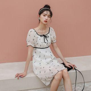 Short-sleeve Square-neck Floral Bow Mini Dress