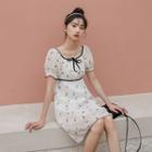 Short-sleeve Square-neck Floral Bow Mini Dress