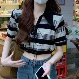 Short-sleeve Striped Lace-up Crop Polo Shirt Striped - Almond & Black - One Size