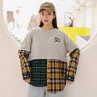 Plaid Panel Letter Embroidered Pullover