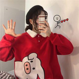 Fleece-collar Pig-print Polo Shirt Red - One Size