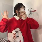Fleece-collar Pig-print Polo Shirt Red - One Size