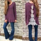 Long-sleeve Lace Panel Ruffle T-shirt