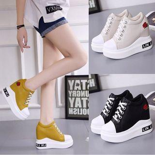 Flower Embroidered Hidden Wedge Lace Up Sneakers