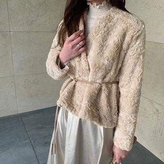 V-neck Eco Fur Jacket & Sash Beige - One Size
