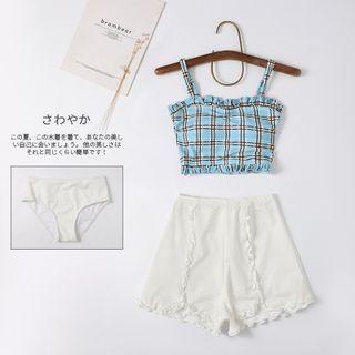 Set: Spaghetti Strap Plaid Swim Top + Skirt + Bottom
