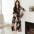 Elbow-sleeve Floral-pattern Midi A-line Wrap Dress