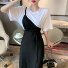 Elbow-sleeve T-shirt / One Shoulder Midi A-line Dress